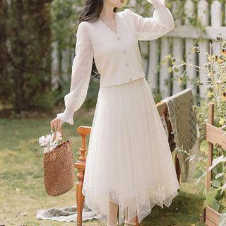 Set: Puff-sleeve Ruffled Blouse + A-line Mesh Skirt