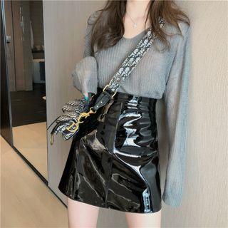 V-neck Ribbed Sweater / Patent A-line Mini Skirt