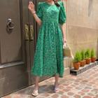 Puff-sleeve Floral Print Dress Green - One Size