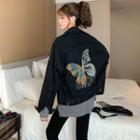 Butterfly Print Denim Jacket Black - One Size