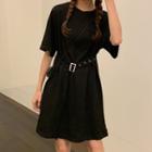 Short-sleeve Tie Waist T-shirt Dress Black - One Size