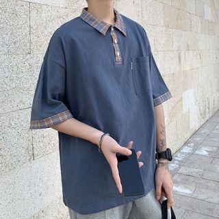 Elbow-sleeve Plaid Panel Polo Shirt