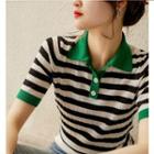 Short-sleeve Striped Knit Polo Shirt Stripe - Black - One Size