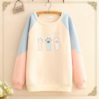 Color-block Sleeve Paw Print Fleece-lined Sweatshirt