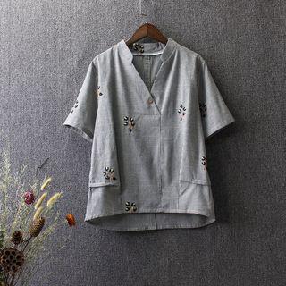 Flower Embroidered Short Sleeve Split Neck Top