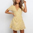 Short-sleeve Leopard Print Frill Trim Mini A-line Dress