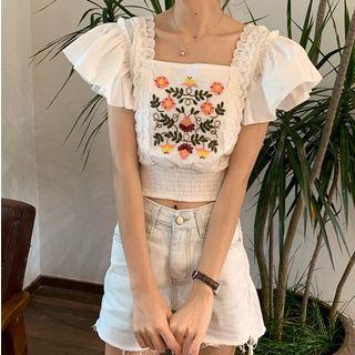 Embroidered Ruffle Trim Short Sleeve Top White - One Size