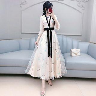 Elbow-sleeve Embroidered Mini A-line Chiffon Dress