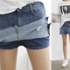 Inset Shorts Fray-hem Denim Miniskirt