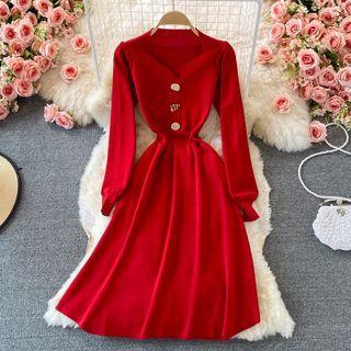 Long Sleeve Button Detail Knit Dress
