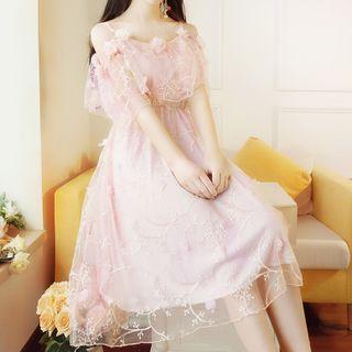 Off-shoulder Embroidered Flower Mesh Dress
