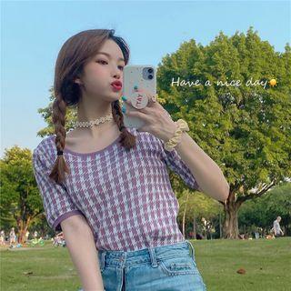 Short-sleeve Houndstooth Print Knit Top