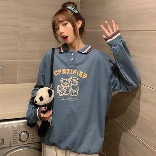 Contrast Stripe Cartoon Bear Long-sleeve Top