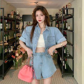Short-sleeve Denim Cropped Jacket / Wide Leg Shorts