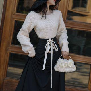 Set: Cable-knit Sweater + Lace Up Maxi A-line Skirt