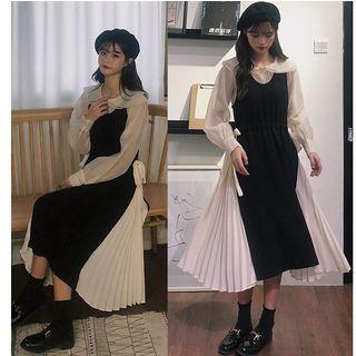 Peter Pan Collar Shirt / Sleeveless Pleated Panel Midi A-line Dress