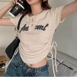Drawstring Design Short-sleeve Lettering Top