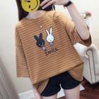 3/4-sleeve Rabbit Print Striped T-shirt