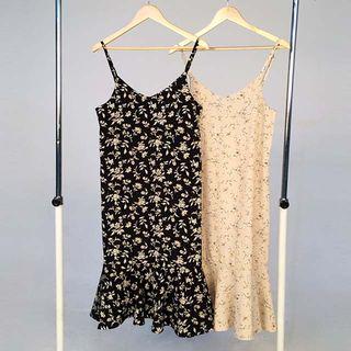 Ruffle-hem Floral Long Pinafore Dress