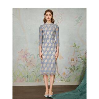 Long-sleeve Lace Midi Qipao Dress