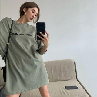 Elbow-sleeve Lettering T-shirt Greenish Khaki - One Size