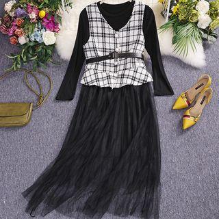 Set: Plain Mesh Long-sleeve Dress + Plaid Buttoned Vest