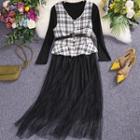 Set: Plain Mesh Long-sleeve Dress + Plaid Buttoned Vest