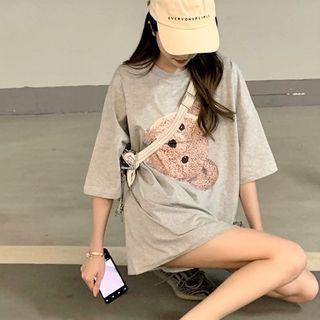 Elbow-sleeve Bear Print T-shirt Gray - One Size