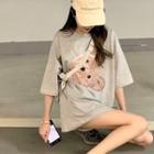 Elbow-sleeve Bear Print T-shirt Gray - One Size