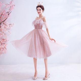 Tie-shoulder Dotted Ruffled A-line Mesh Cocktail Dress