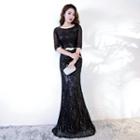Elbow-sleeve Sequined Mermaid Evening Gown