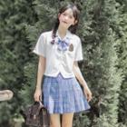 Set: Short-sleeve Bow Shirt + Plaid Mini Skirt