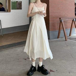 Spaghetti Strap Plain A-line Midi Dress / Cropped Lightweight Cardigan