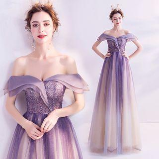 Off-shoulder Beaded Glitter Mesh A-line Gown