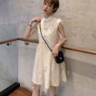 Elbow-sleeve Traditional Chinese Embroidered A-line Dress Almond - One Size