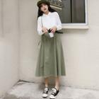 Long-sleeve Plain Blouse / Midi A-line Skirt