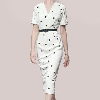 Short-sleeve V-neck Dotted Midi Sheath Dress