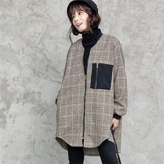 Collarless Dip-back Checked Zip-up Coat Brown - One Size