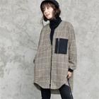 Collarless Dip-back Checked Zip-up Coat Brown - One Size