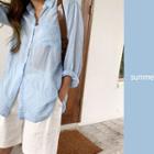 Pocket-patch Sheer Cotton Shirt Sky Blue - One Size