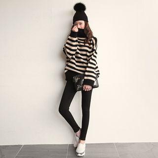 Turtle-neck Drop-shoulder Stripe Sweater