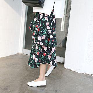 Banded-waist Ruffled-detail Floral-pattern Skirt