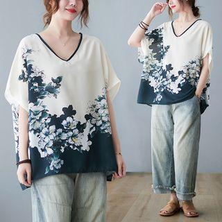 Short-sleeve V-neck Flower Print Loose-fit Top Blue - One Size