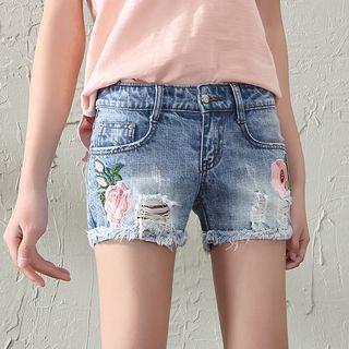 Fray Hem Distressed Embroidery Denim Shorts