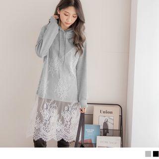 Drawstring Lace Panel Hooded Top