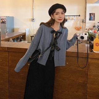 Bow-accent Knit Cardigan + Plain Spaghetti-strap Dress