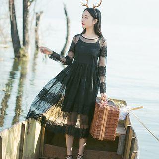 Set: Lace Trim Long Sleeve Dress + Slipdress