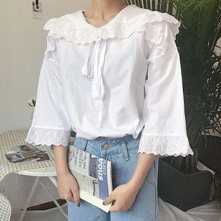 Plain Lace-trim Collared Lace-up Blouse