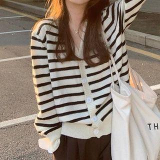 Striped V-neck Cardigan White - One Size