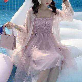 Sleeveless Smocked Mesh A-line Dress/ Light Jacket